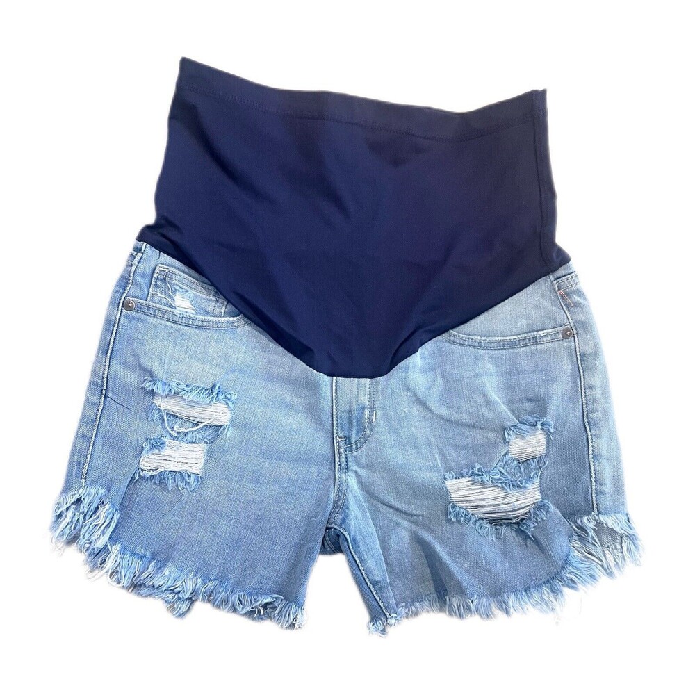 PinkBlush Maternity Shorts Light Blue Denim Distressed Full Belly Panel Size 28